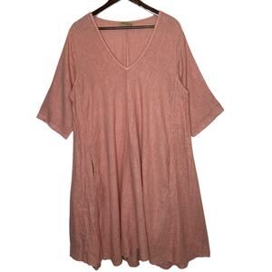 Positano Jean Paul Linen A-Line High Low Midi Dress Pink V Neck, size XL